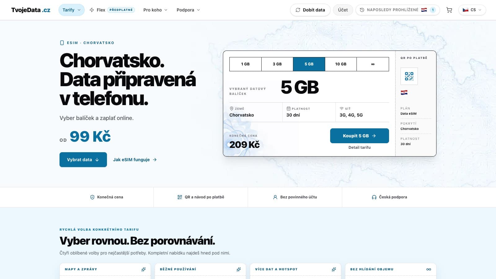 Web TvojeData s výběrem datových balíčků